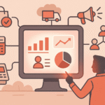 Illustration of retail automation software dashboard with connected icons for inventory, POS, CRM, supply chain, and marketing automation, symbolizing efficiency and intelligent retail operations."
