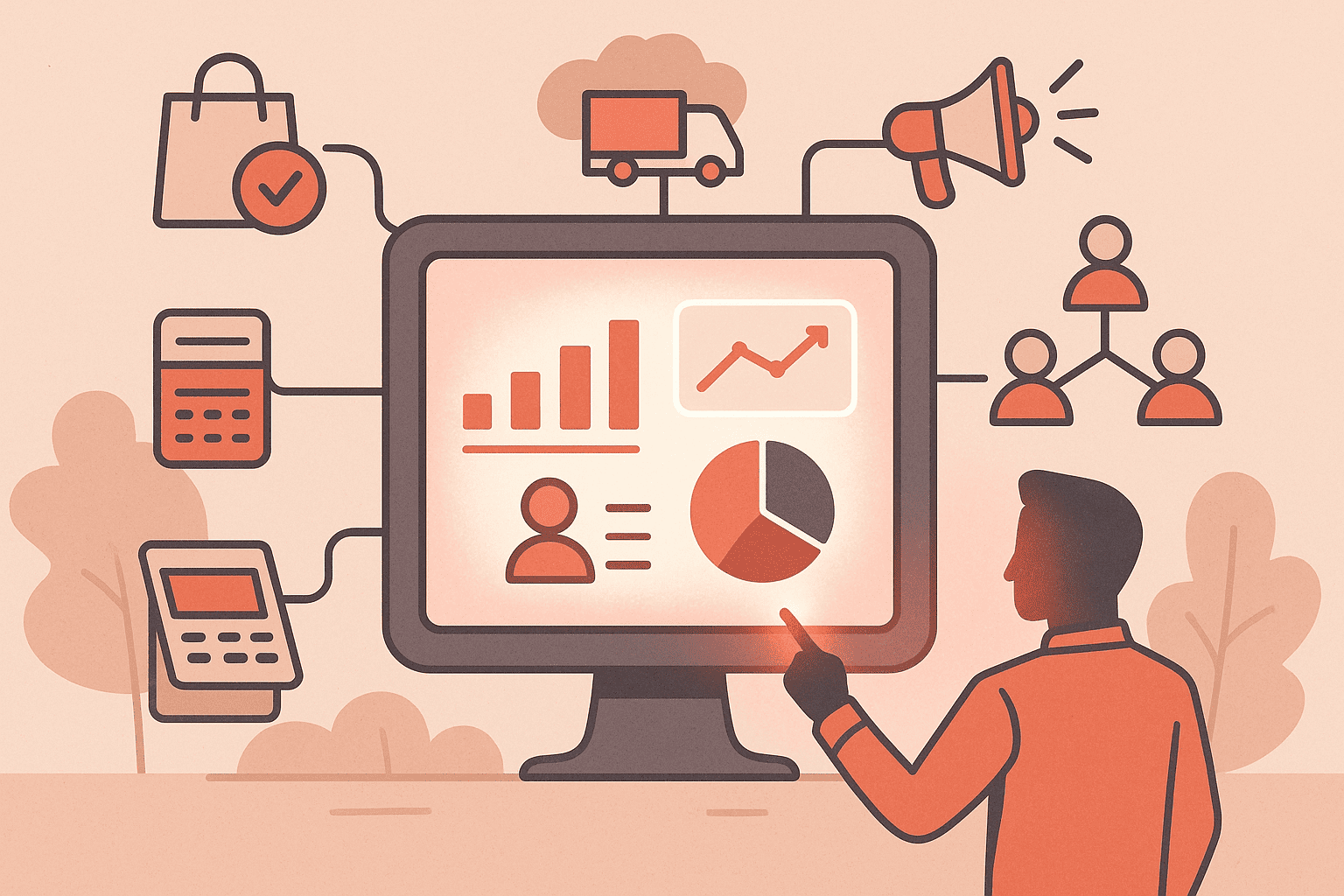 Illustration of retail automation software dashboard with connected icons for inventory, POS, CRM, supply chain, and marketing automation, symbolizing efficiency and intelligent retail operations."