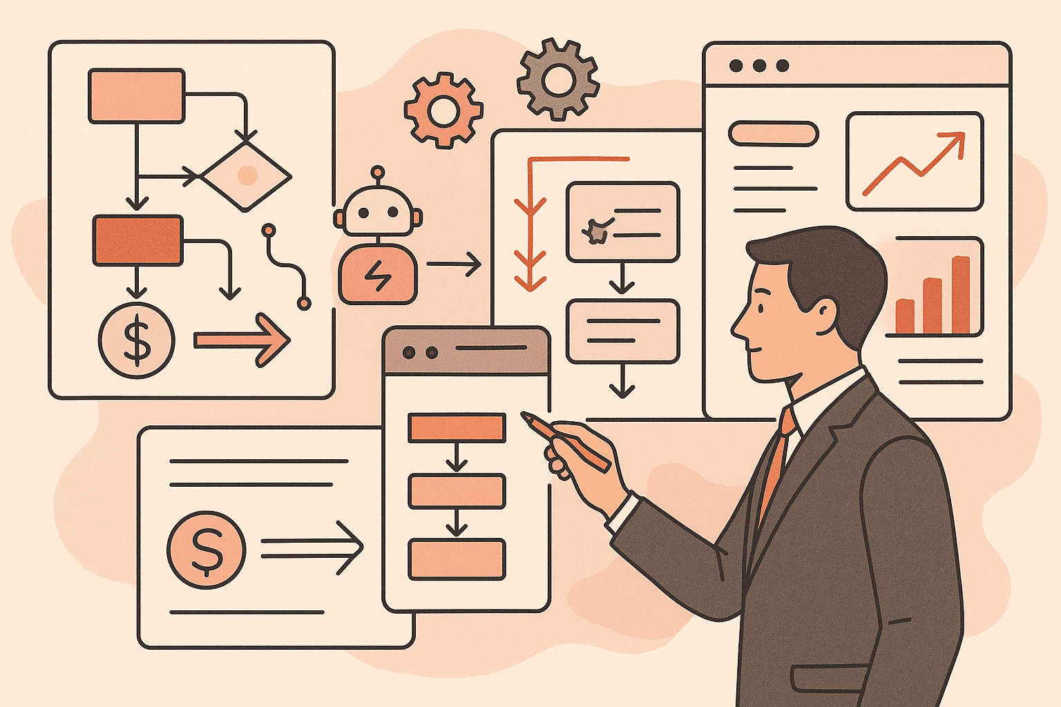 Illustration of business process automation across digital workflows and tools