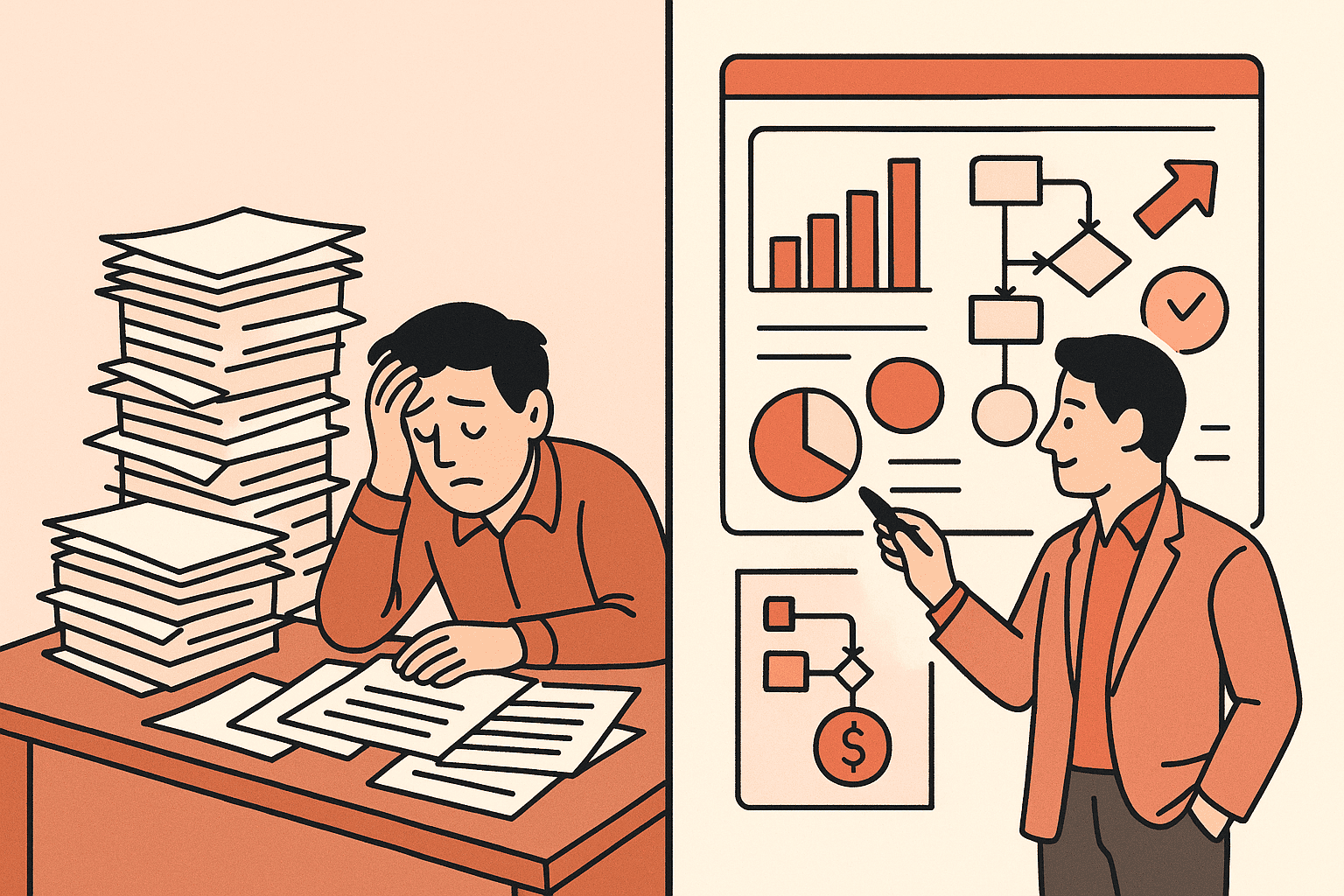 Before and after view of manual vs. automated business workflows