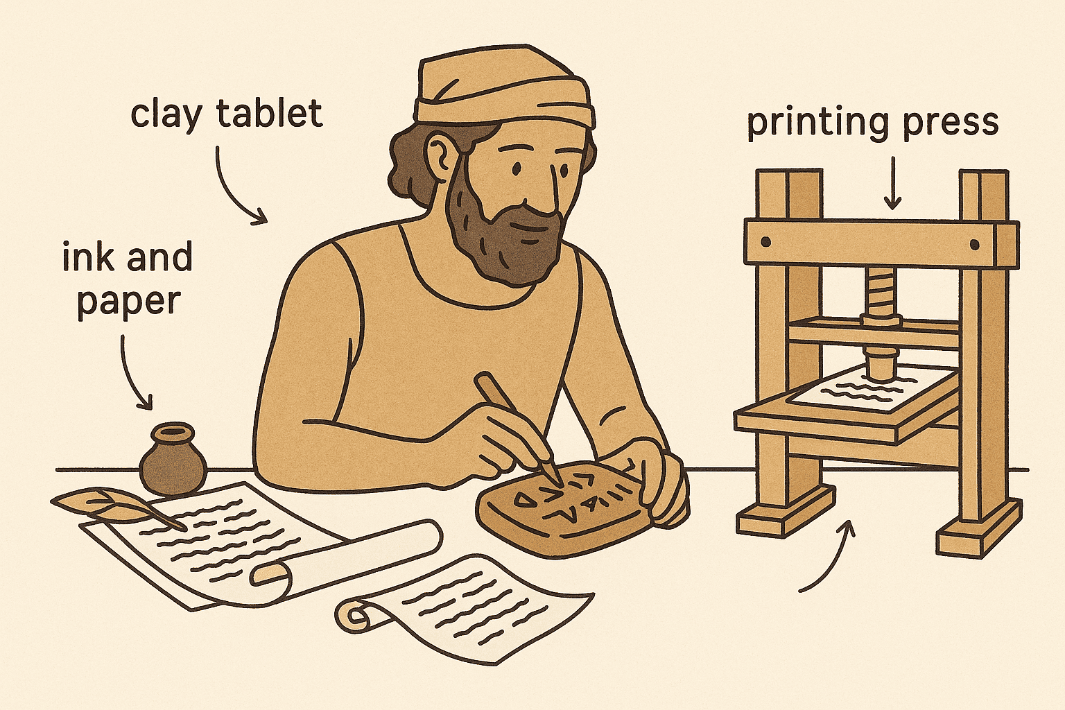 Ancient merchant carving symbols on a clay tablet with scrolls and ink writing tools, representing early business record keeping by Scale Through Automation