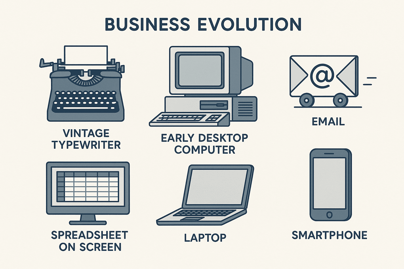 Illustration of vintage typewriter, early computer, email replacing mail trucks, spreadsheets, laptops, and smartphones showing business technology evolution by Scale Through Automation