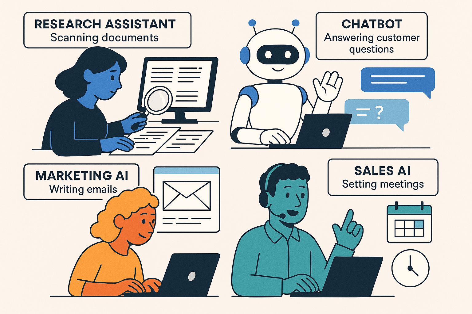 Multiple AI digital assistants performing tasks such as research, customer support, marketing emails, and sales lead qualification by Scale Through Automation