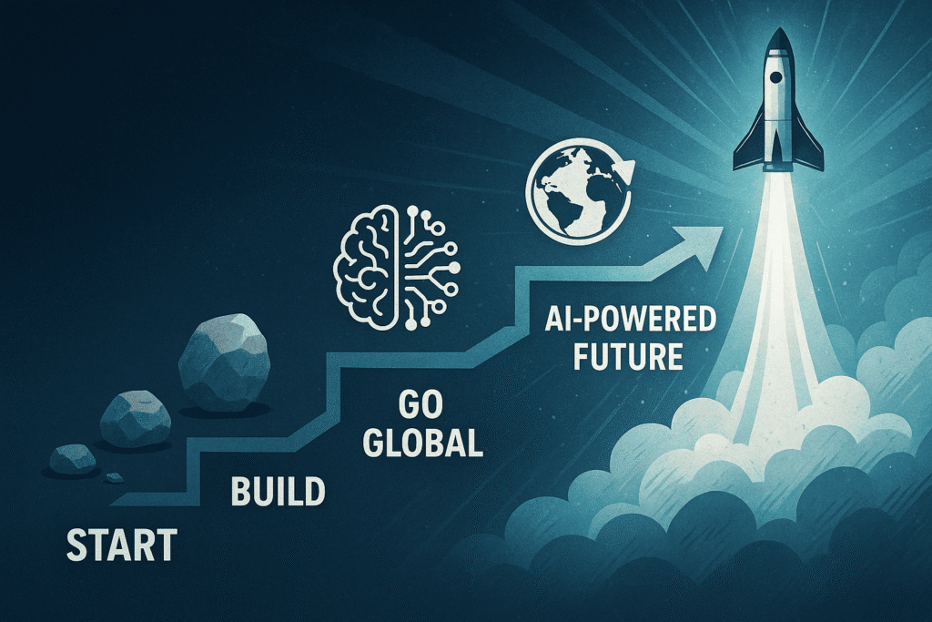 Graphic showing business evolution from rocks and ink to a rocket launch symbolizing AI-powered business growth by Scale Through Automation