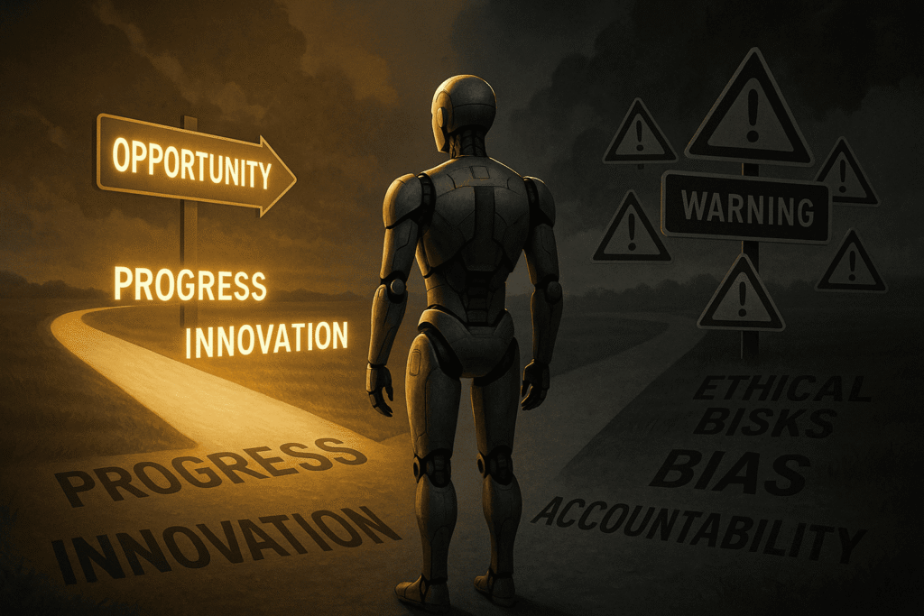 A conceptual image of a humanoid AI figure standing at a crossroad intelligent ai
