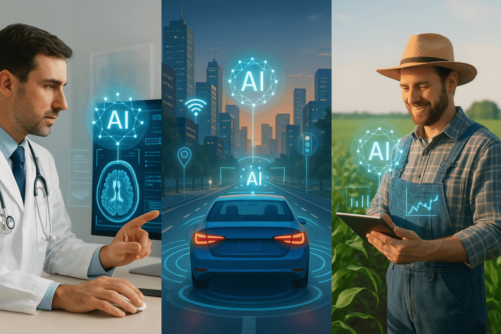 A split-screen digital illustration showing real-world applications of Intelligent AI