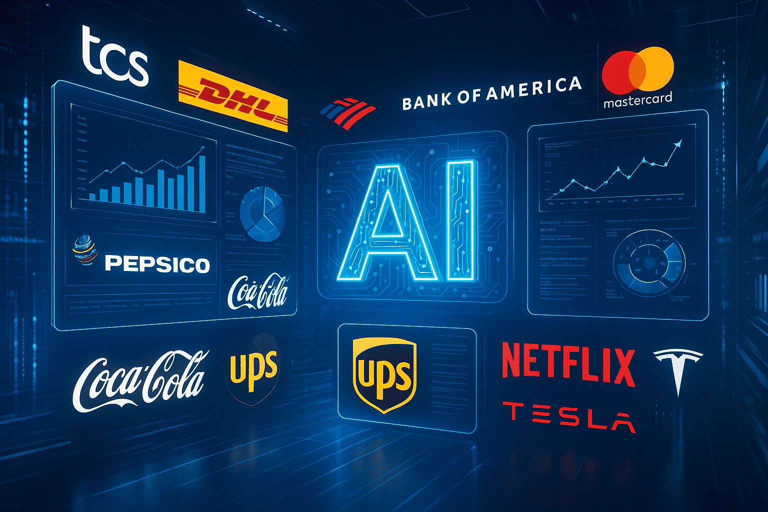 companies using ai in businesses. cocacola, mastercard,UPS, Netflix, Tesla etc
