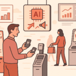 "Retail automation in a modern store with self-checkout kiosks, AI-powered digital signage, and mobile payments creating a seamless customer experience."