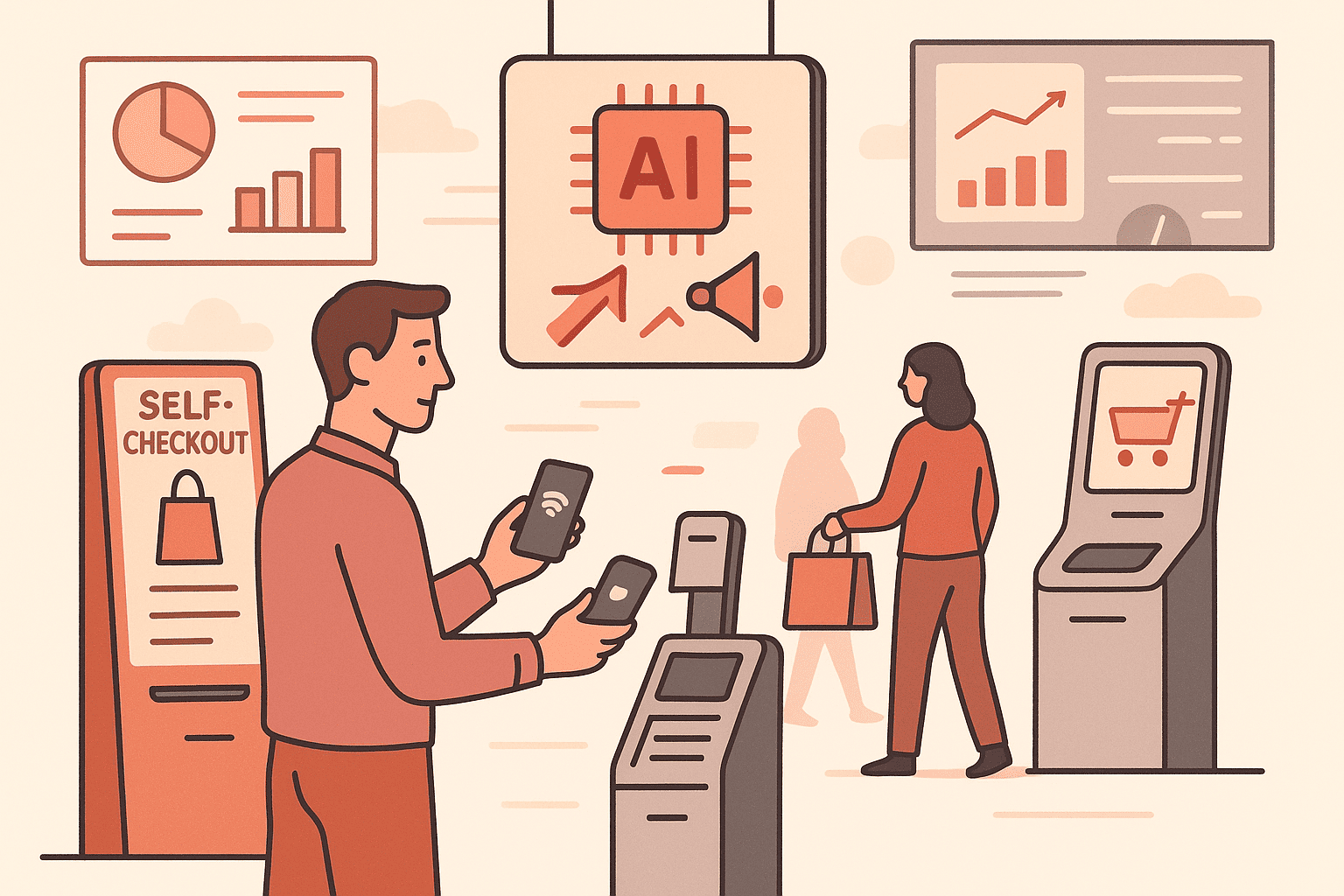 "Retail automation in a modern store with self-checkout kiosks, AI-powered digital signage, and mobile payments creating a seamless customer experience."