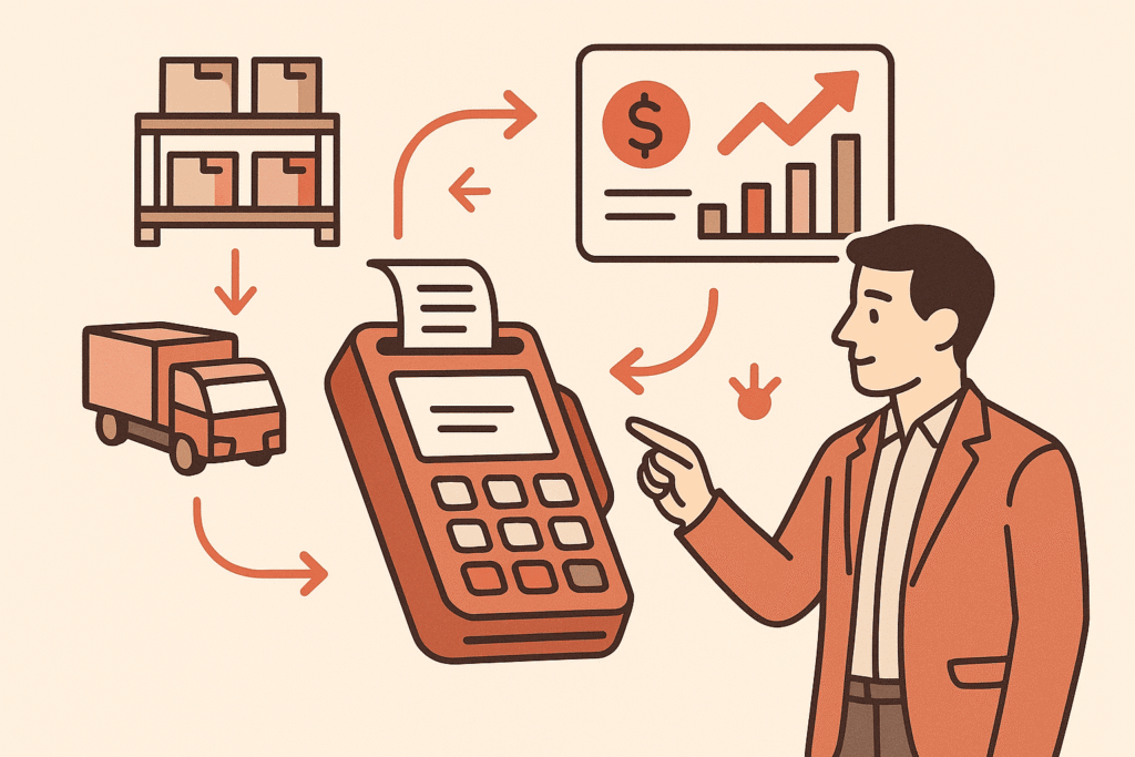 How retail automation works: illustration of connected systems including point-of-sale, inventory, suppliers, and marketing dashboards with automated data flow."