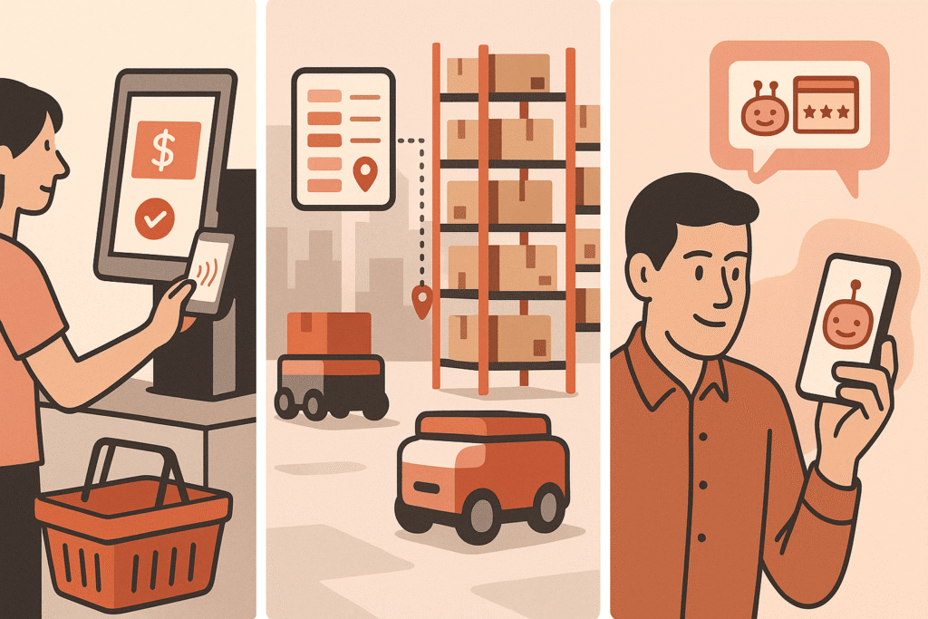 "Types of retail automation shown in a collage: front-end self-checkout, back-end warehouse robots with predictive inventory, and customer service AI chatbots."