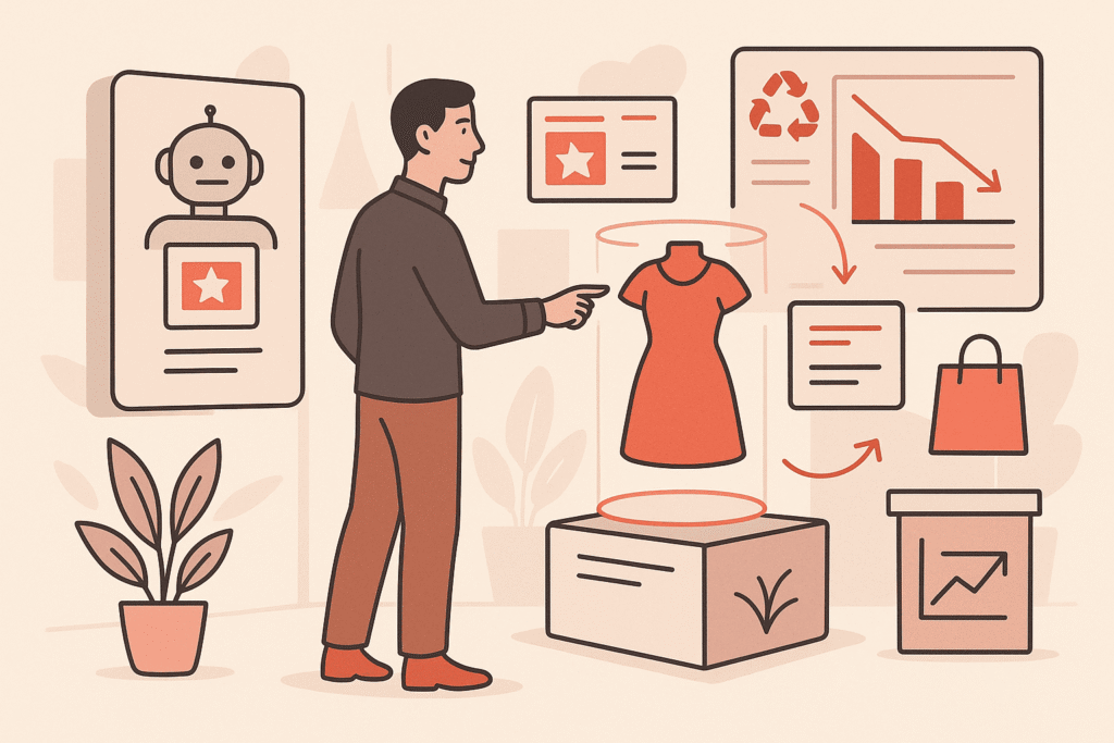 Future of retail automation featuring holographic product recommendations, AI-driven in-store displays, omnichannel shopping, and sustainable automation systems."
