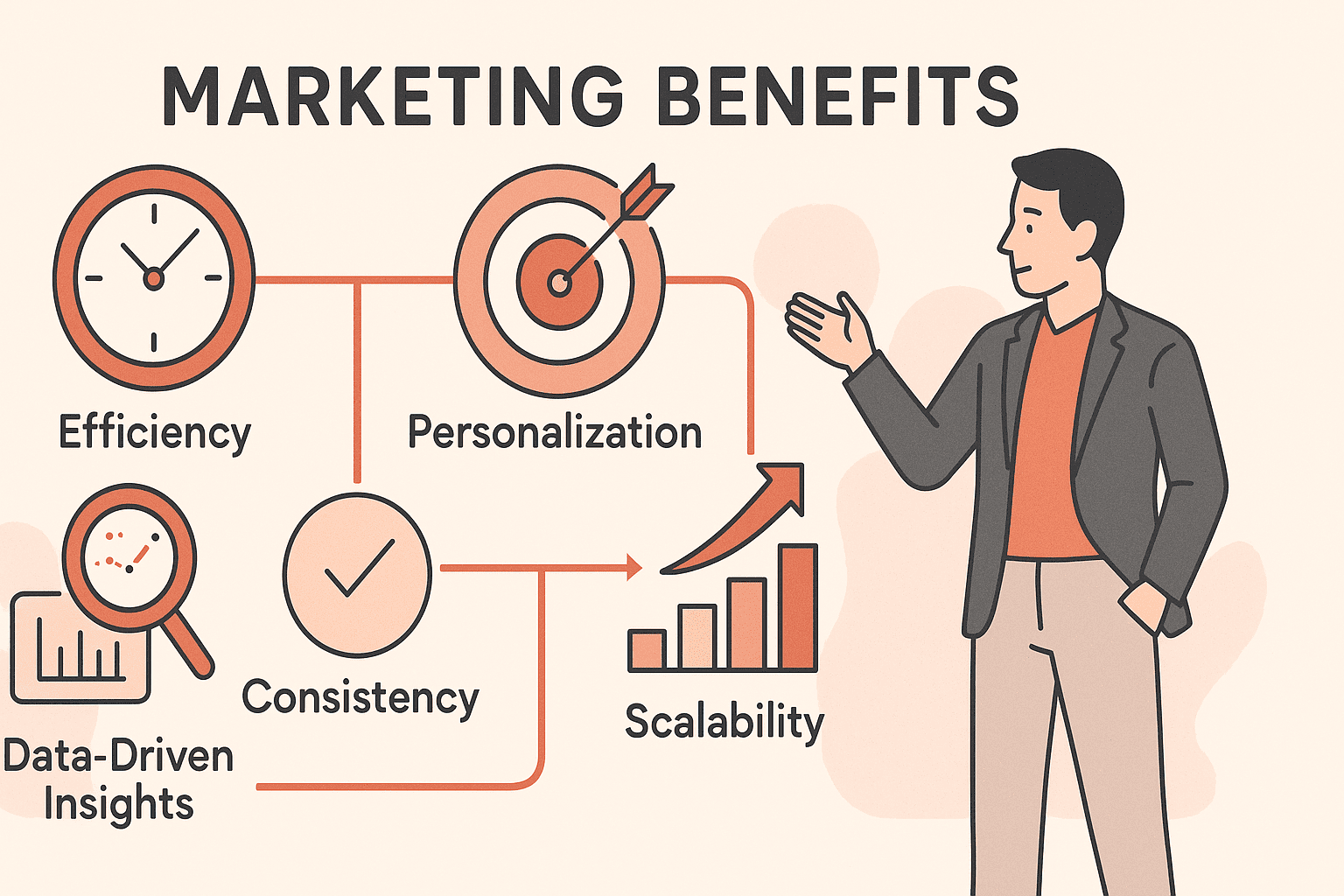 Infographic of the five main benefits of marketing automation with icons for efficiency, personalization, consistency, scalability, and data-driven insights