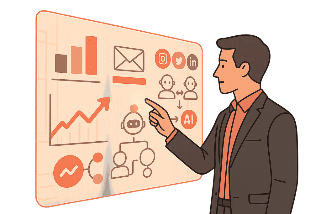 Futuristic marketing automation dashboard with AI-driven analytics and campaigns.
