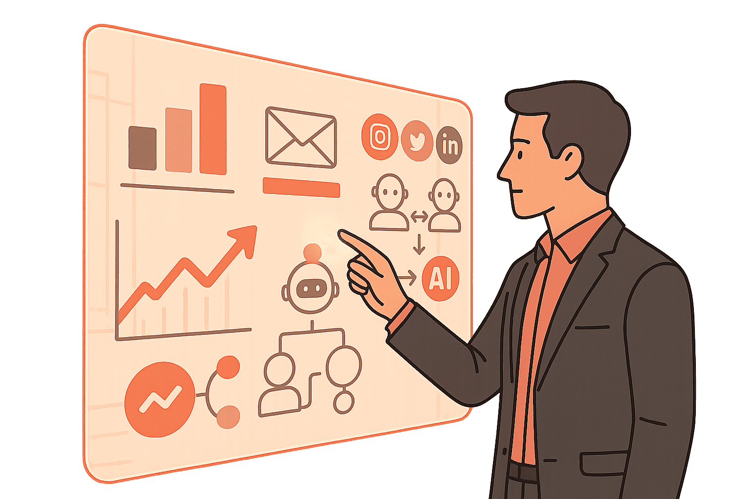 Futuristic marketing automation dashboard with AI-driven analytics and campaigns.