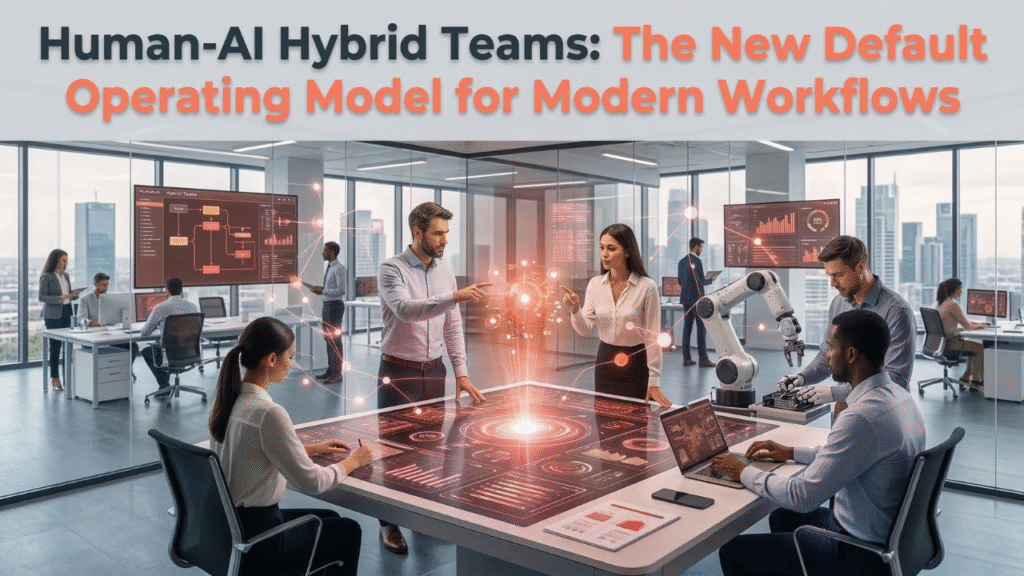 Human-AI hybrid teams working together in a modern AI-powered business workflow